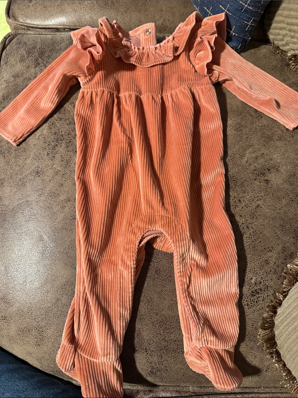Mud Pie Coral Corduroy Ruffle Footed Romper